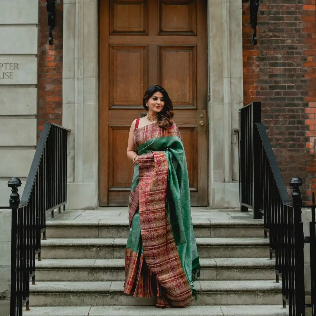 Sneha Wearing Beautiful Earrings Jewellery Green Saree Maroon Blouse